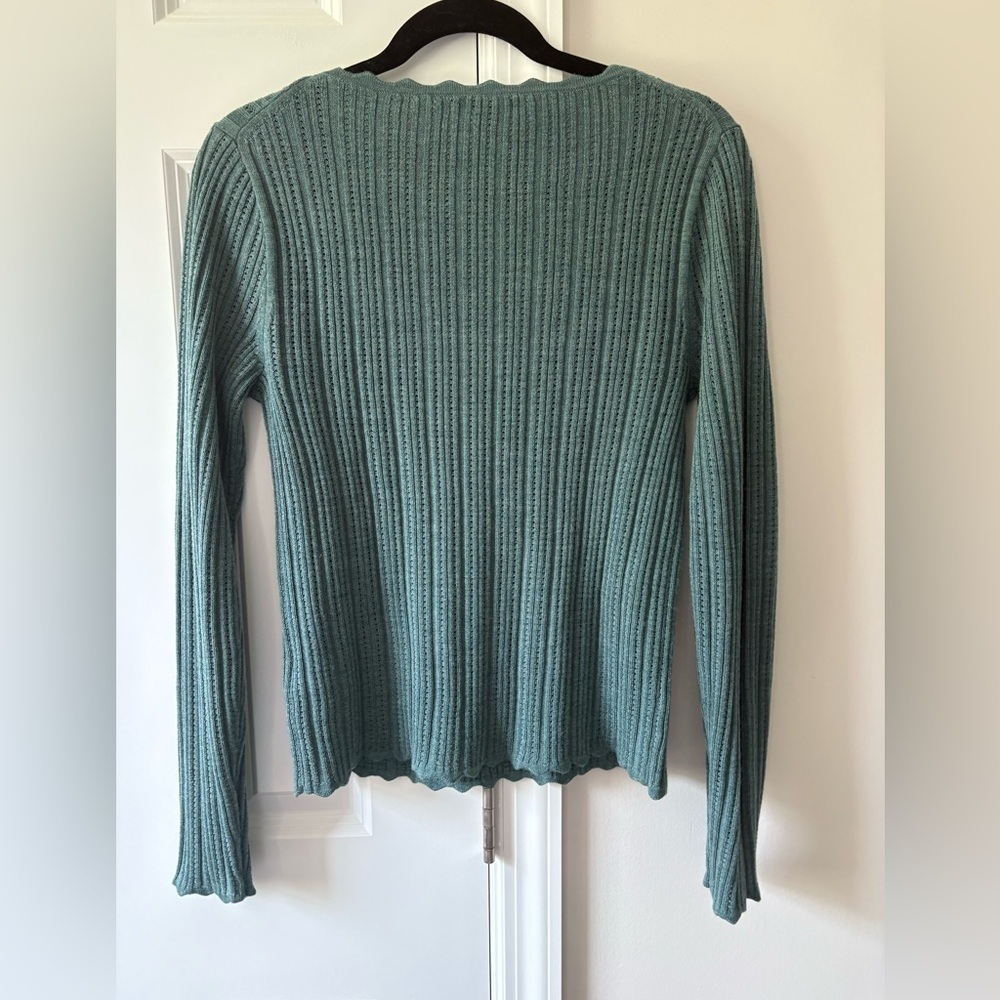 J. Crew Scalloped- Edge Pointelle Green Wool Sweater - Picture 4 of 10